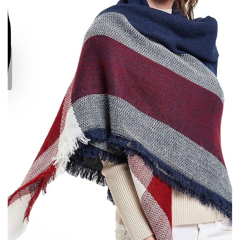 Wander Agio Womens Blue Red White Plaid Square Shawl Wrap‎ Scarf Fringe New
